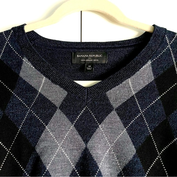 Banana Republic Men's Washable 100% Merino Wool Argyle V-Neck Sweater Size M EUC - Picture 5 of 12